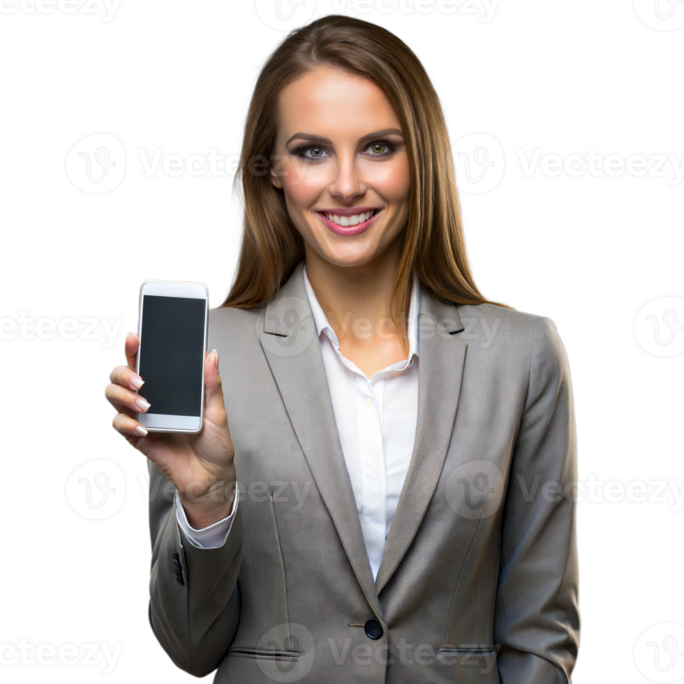 Professional woman displaying smartphone with confidence on transparent background png
