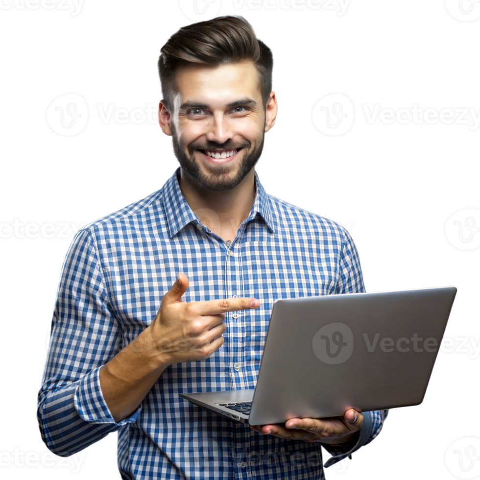 Smiling man with laptop pointing on transparent background png