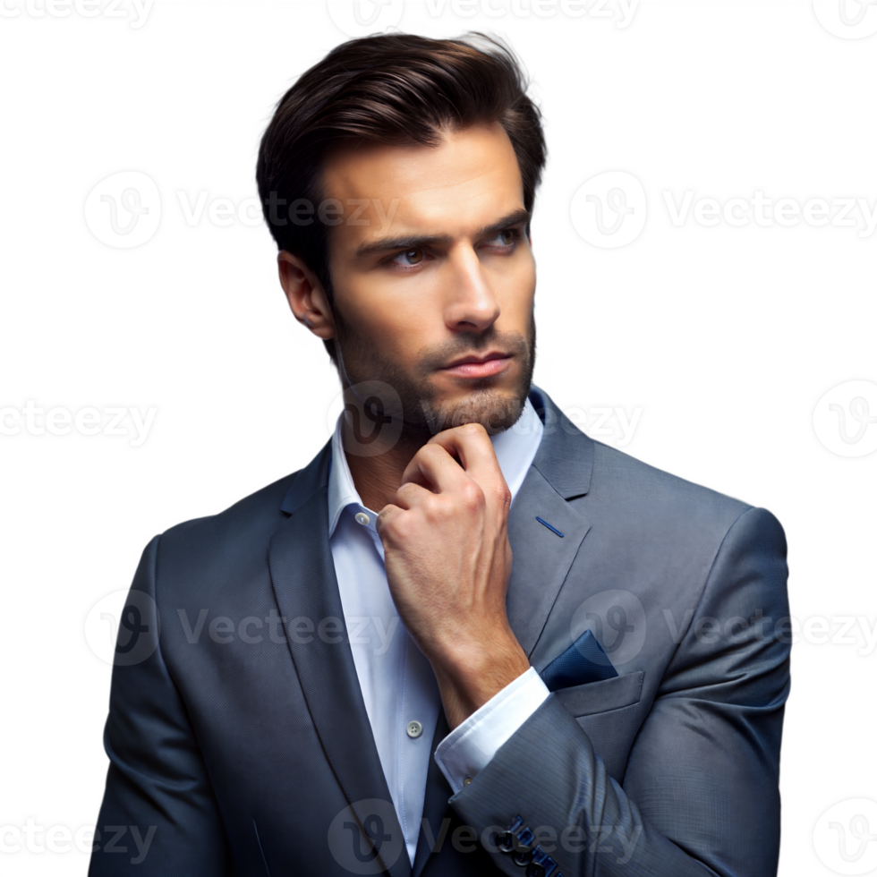 Confident businessman in suit thinking on transparent background png