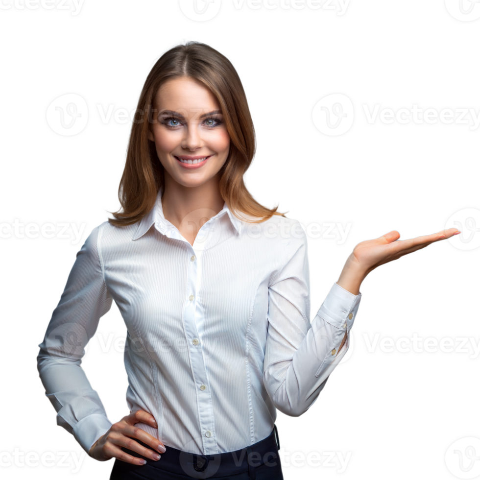 Confident businesswoman presenting a product on transparent background png