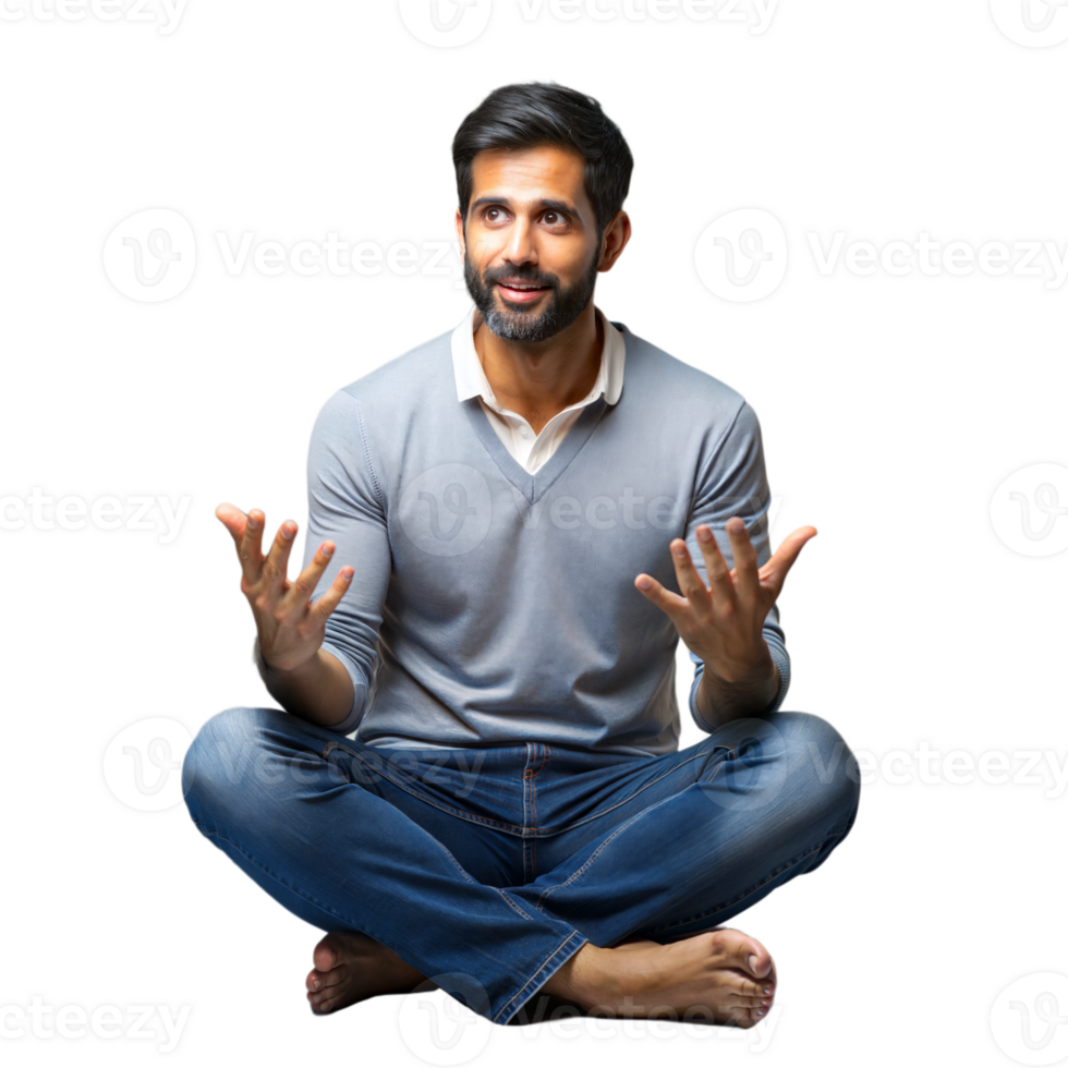 Man sitting cross-legged gesturing with hands on transparent background png