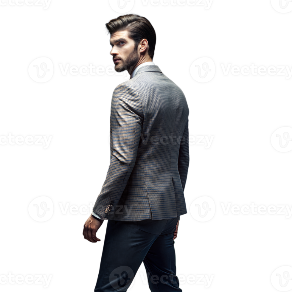Confident businessman in suit looking back on transparent background png