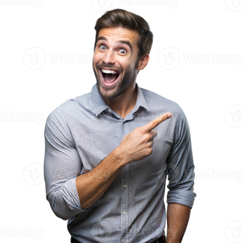 Excited man pointing in surprise on transparent background png