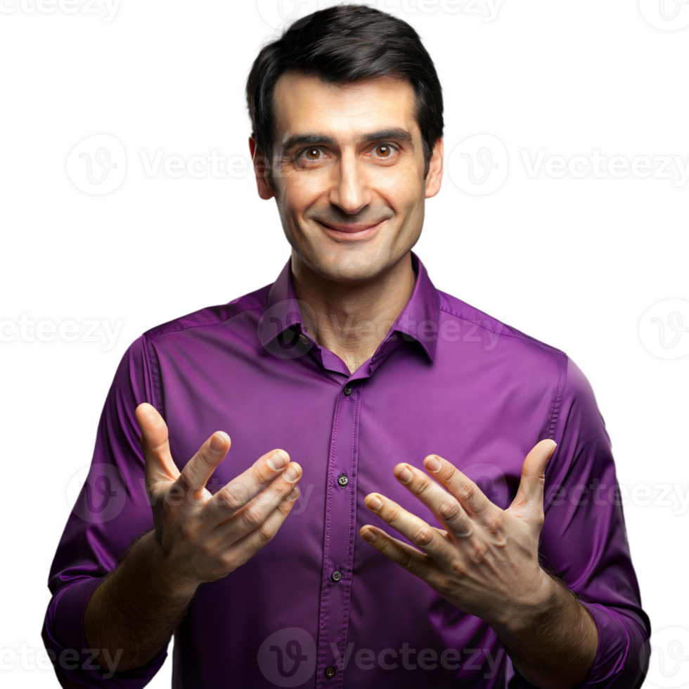 Confident man explaining with gestures on transparent background png