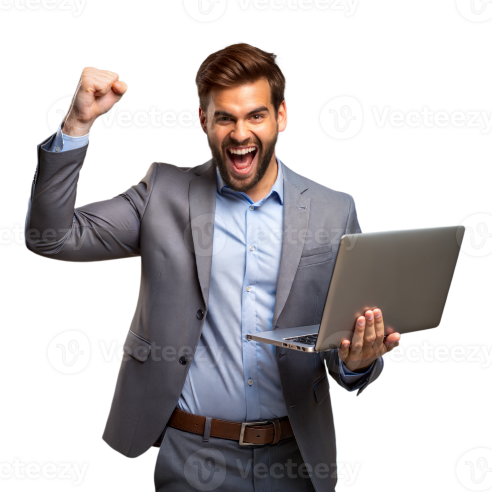eccitato uomo d'affari festeggiare successo con un' il computer portatile png