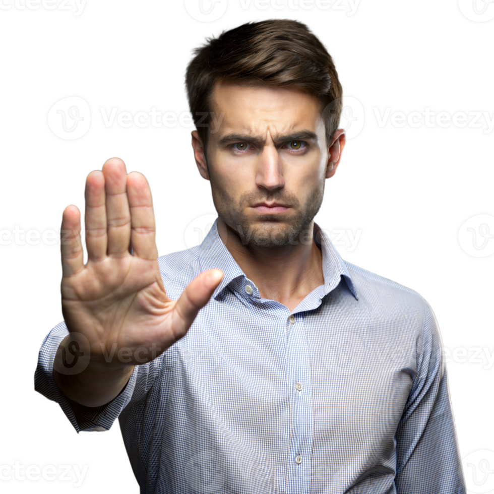 Serious man making stop gesture on transparent background png