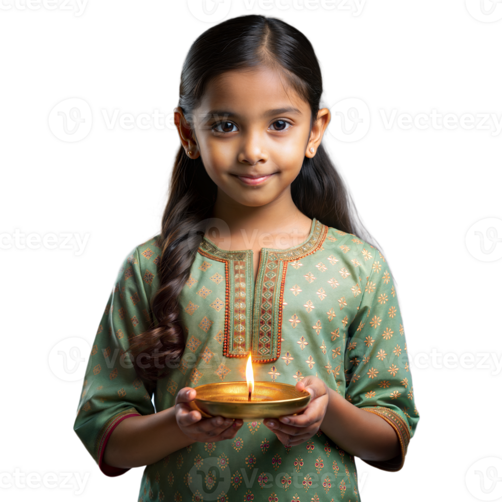 Young girl holding traditional oil lamp in festive attire png