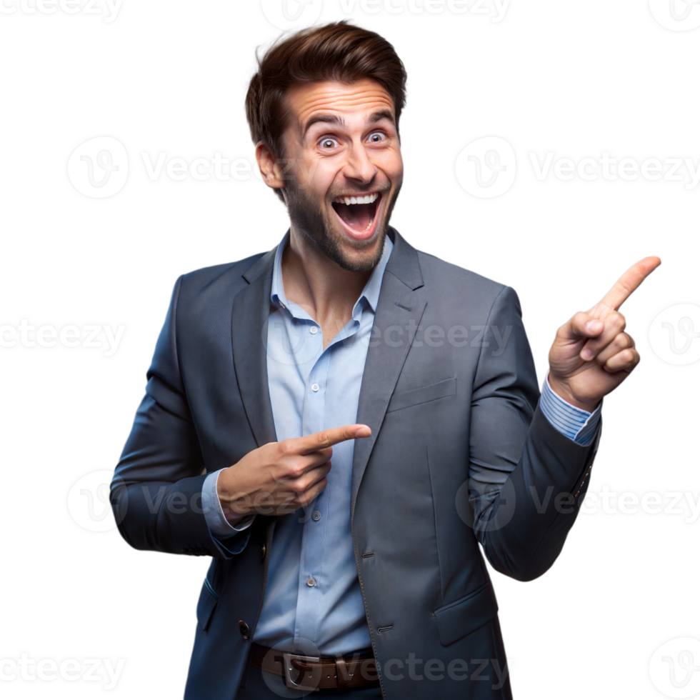 Excited businessman pointing and smiling on transparent background png