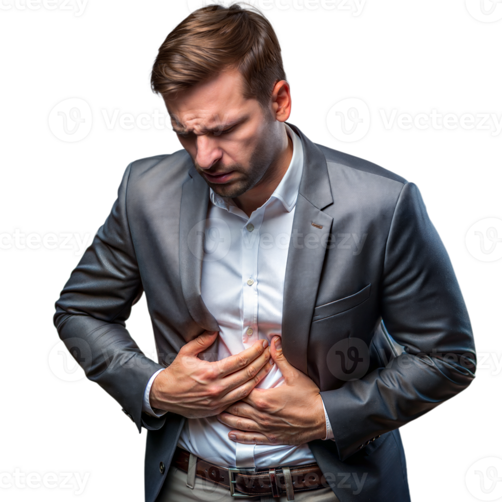 Man in business attire experiencing chest pain on transparent background png