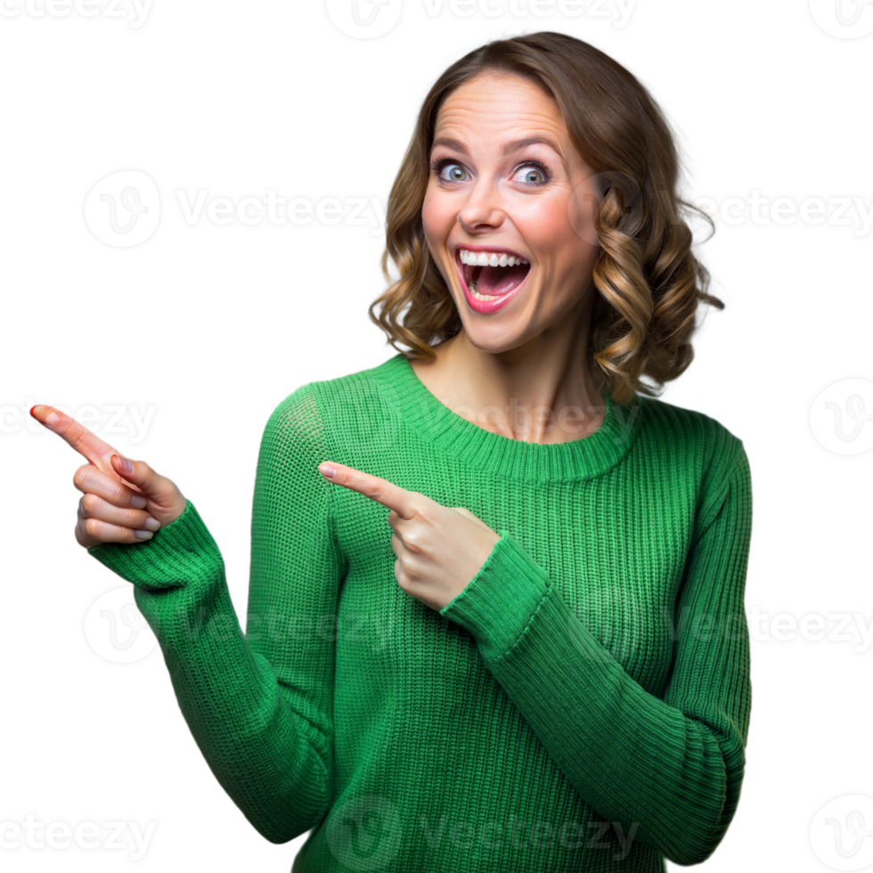 Excited woman pointing and smiling on transparent background png