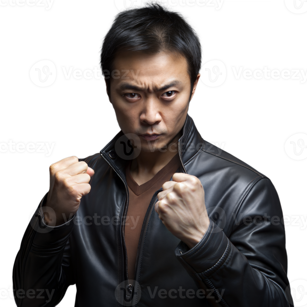 Confident man in leather jacket showing determined expression png