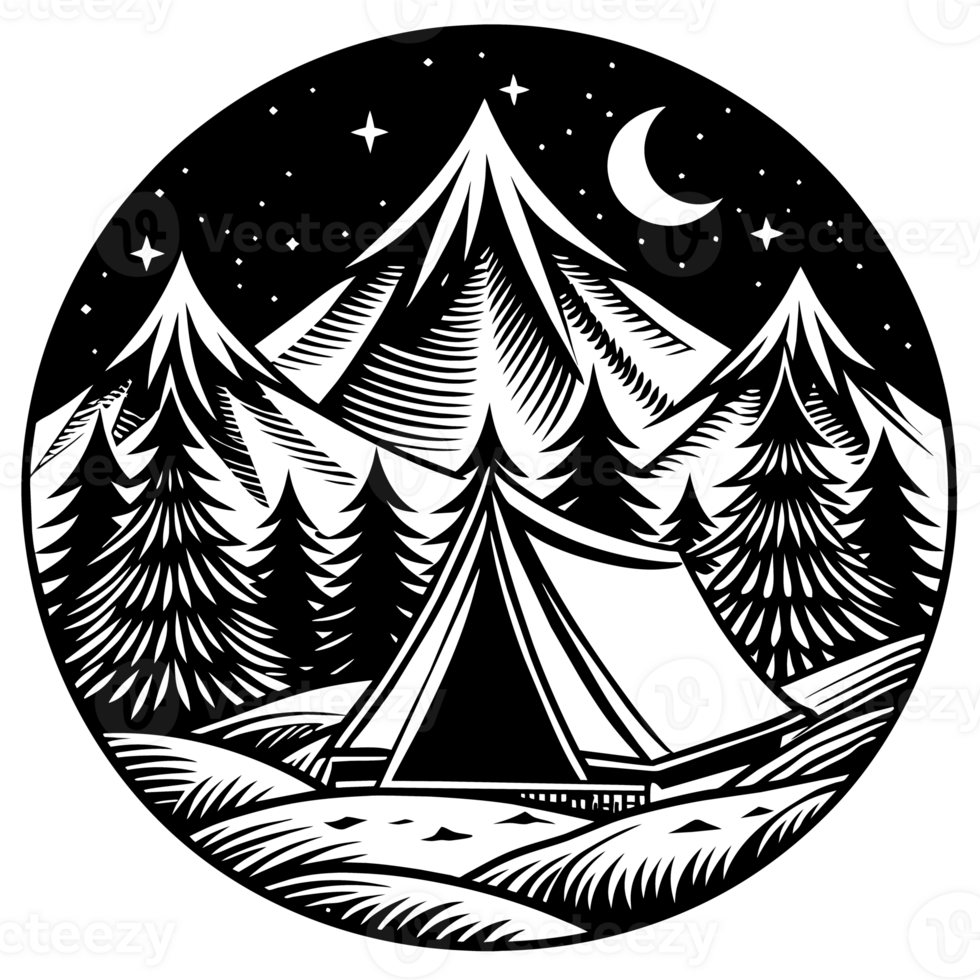 A monochrome design features a camping scene set in a tranquil forest under a starry night sky with a prominent moon png