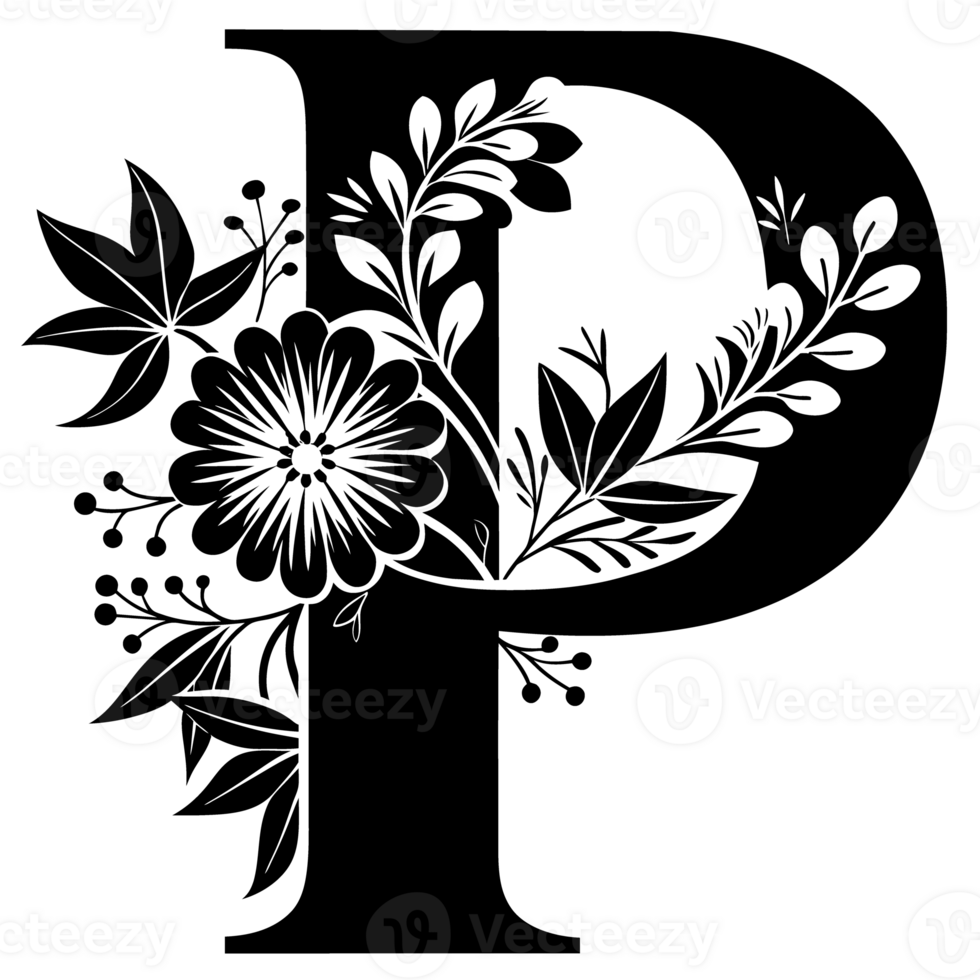 black graphic letter p decorated with flowers png