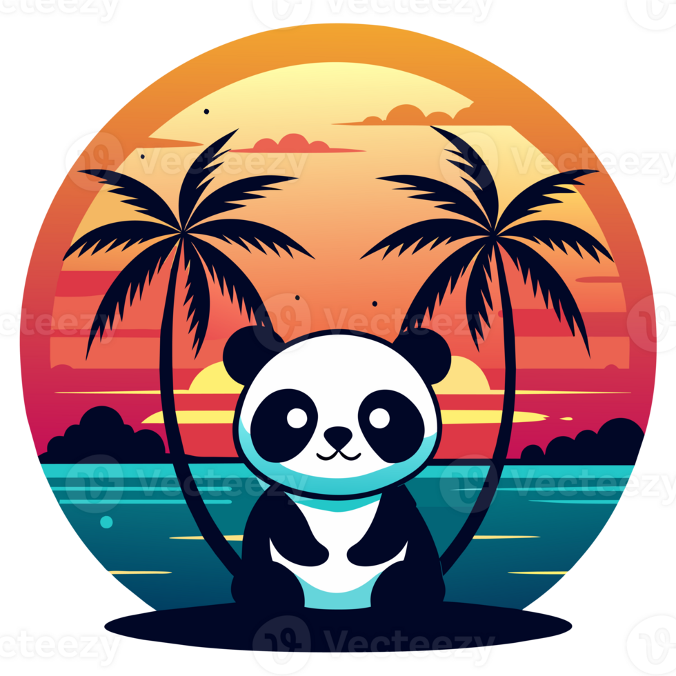 A panda sits quietly in front of a vibrant backdrop featuring an oversized sunset and silhouetted palm trees png