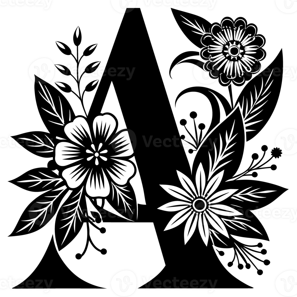 black graphic letter a decorated with flowers png