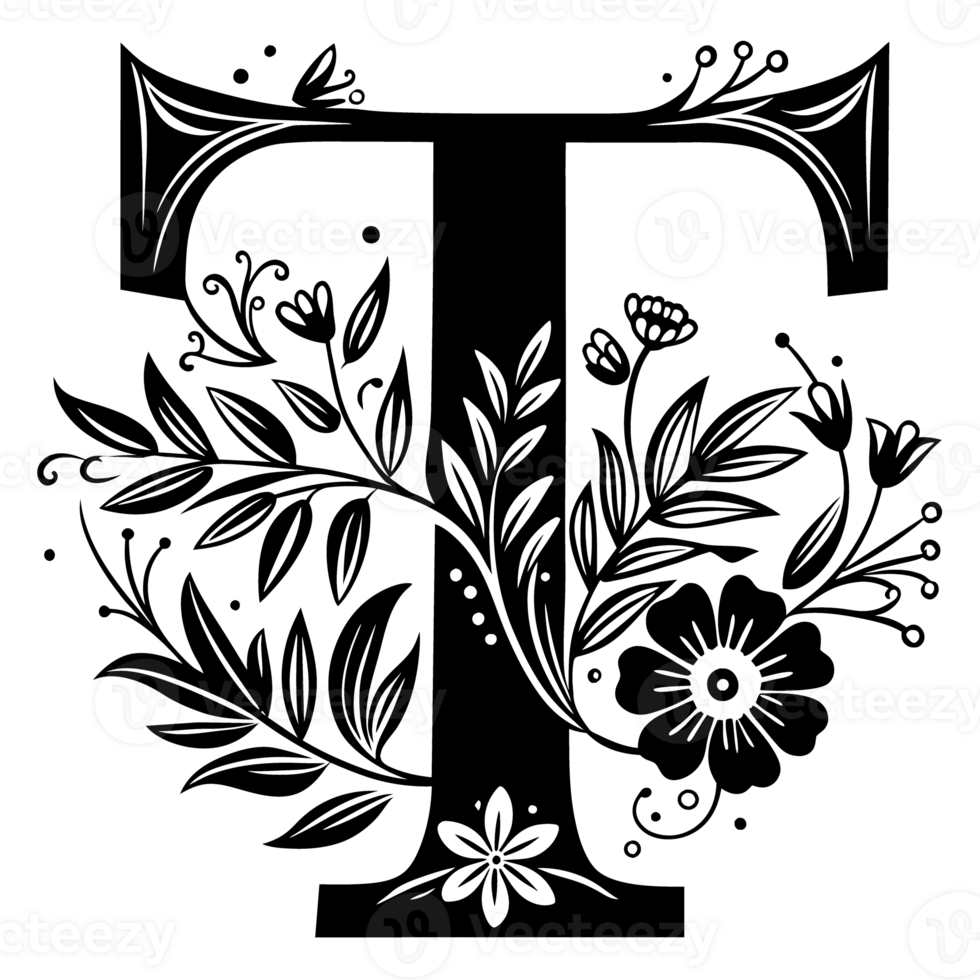 black graphic letter t decorated with flowers png