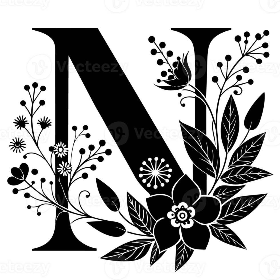 black graphic letter n decorated with flowers png