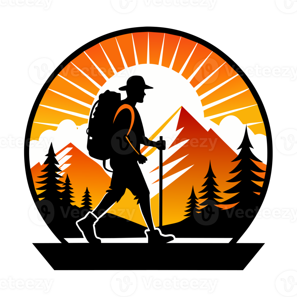 A hiker with a backpack treks across a stylized landscape set within a circular frame, which features mountains, trees, and a radiant sun in the background. png