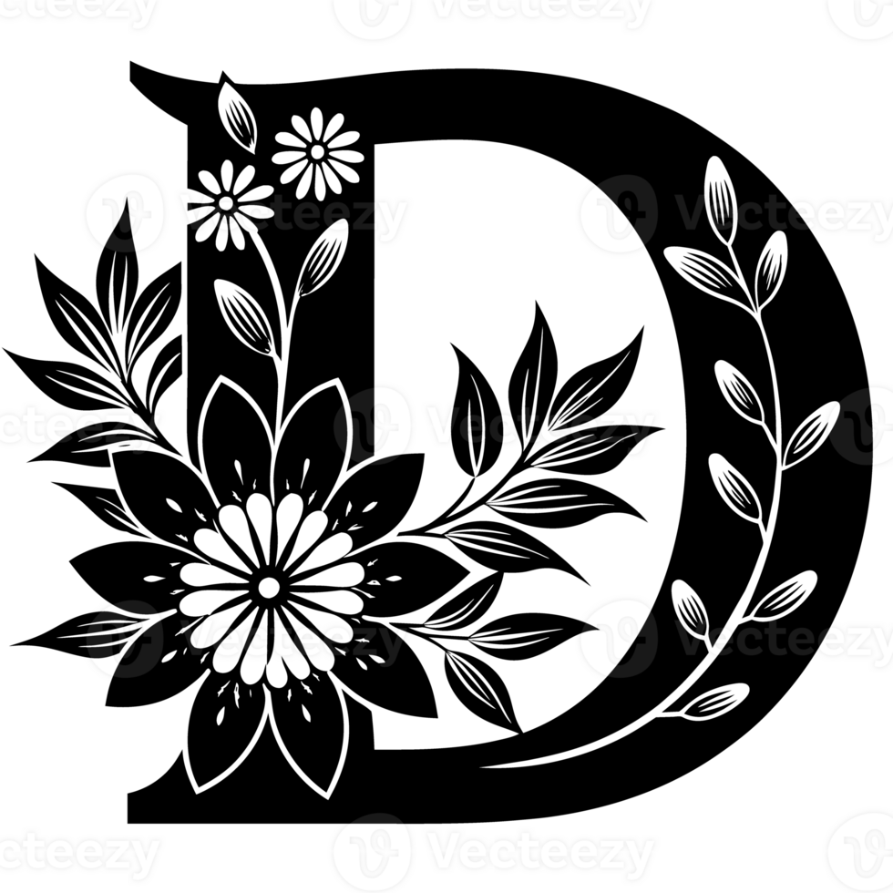 black graphic letter d decorated with flowers png