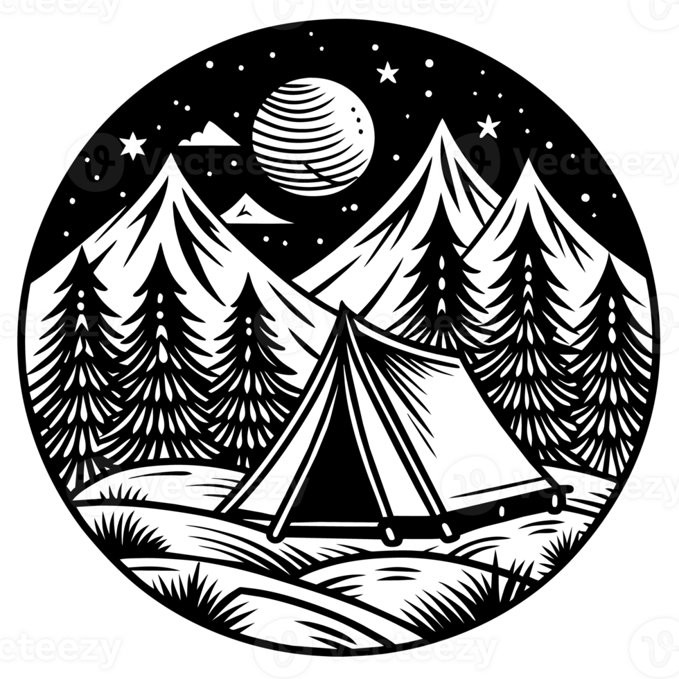 A monochrome design features a camping scene set in a tranquil forest under a starry night sky with a prominent moon png