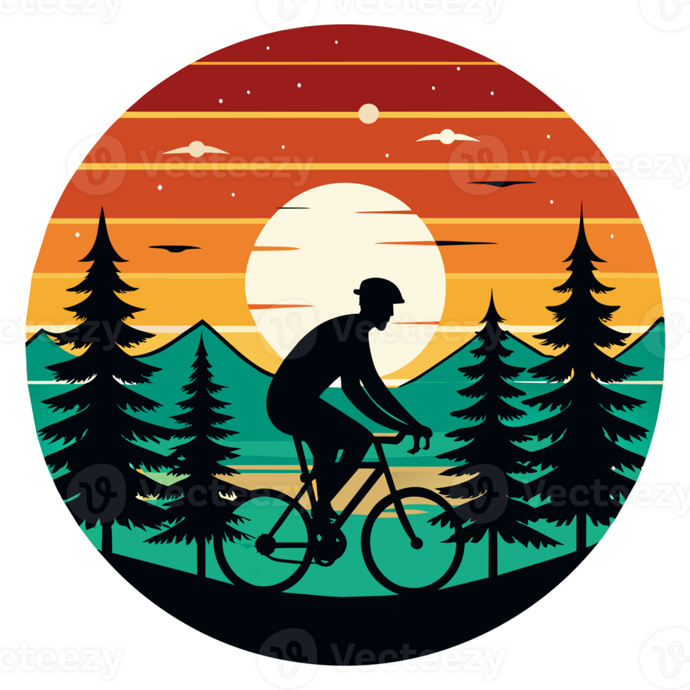 a man cycling is set against a circular backdrop with horizontal stripes in varying hues of orange, red, and green. png