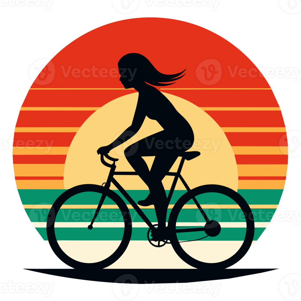 a woman cycling is set against a circular backdrop with horizontal stripes in varying hues of orange, red, and green. png