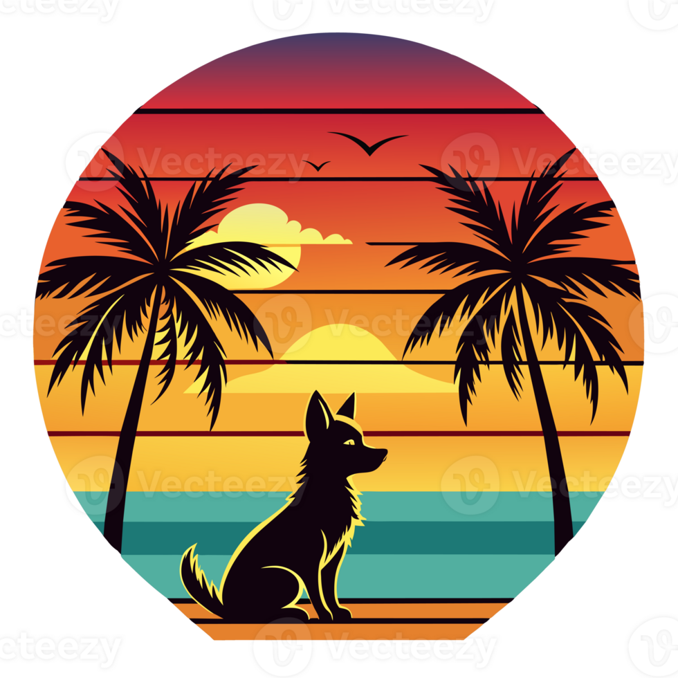 A silhouette of a dog sits peacefully before a vibrant sunset with layered bands of warm colors that give a gradient effect png