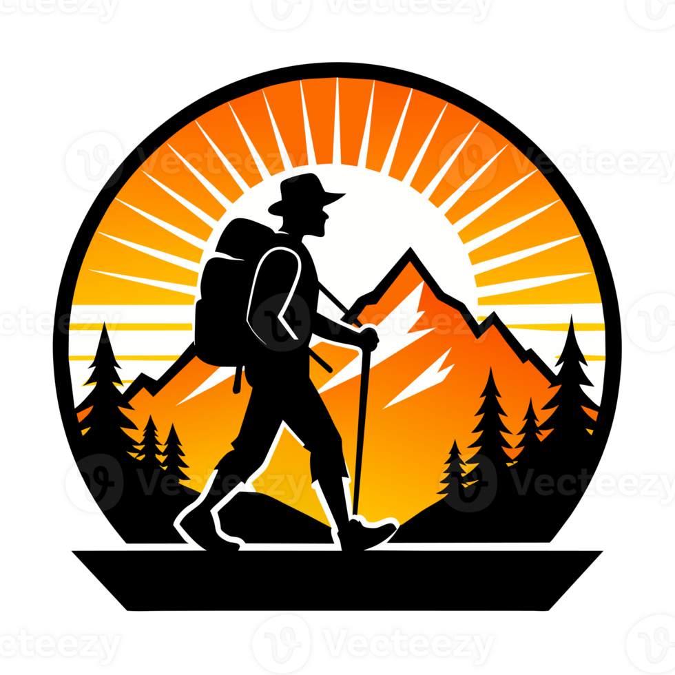 A hiker with a backpack treks across a stylized landscape set within a circular frame, which features mountains, trees, and a radiant sun in the background. png