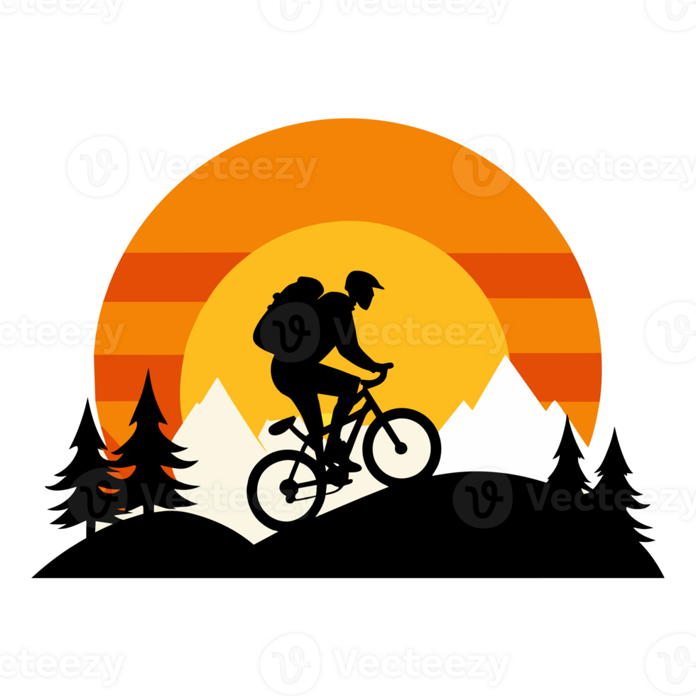 a man cycling is set against a circular backdrop with horizontal stripes in varying hues of orange, red, and green. png