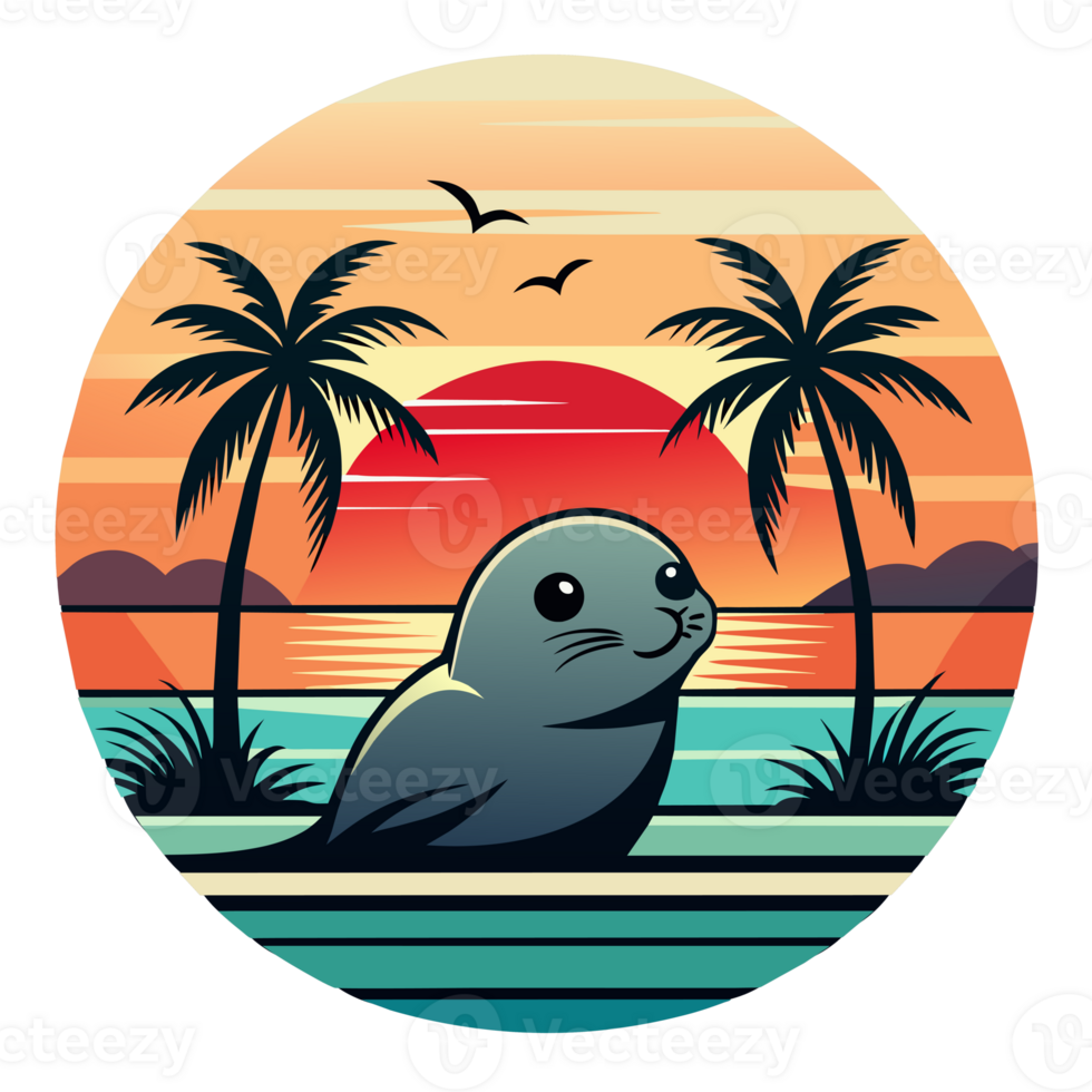 A seal is depicted in the foreground on what appears to be a peaceful beach setting with a vividly colored sunset in the background png