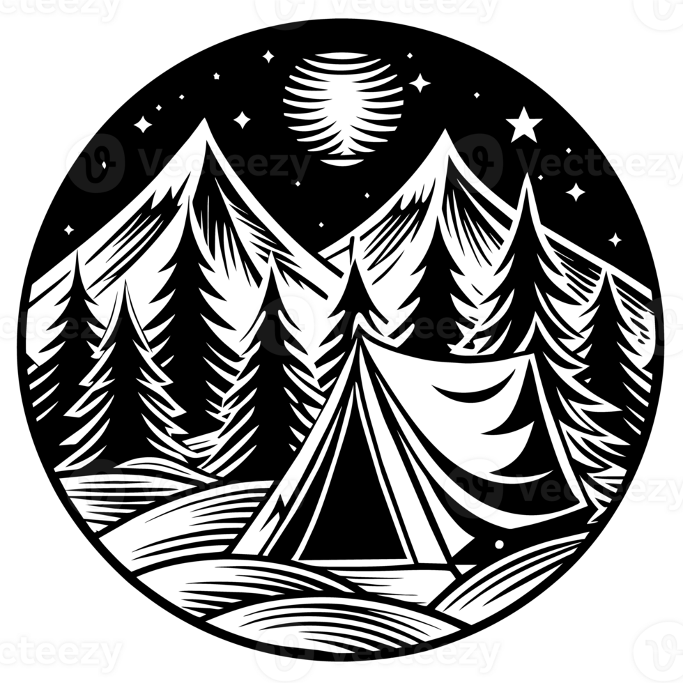 A monochrome design features a camping scene set in a tranquil forest under a starry night sky with a prominent moon png