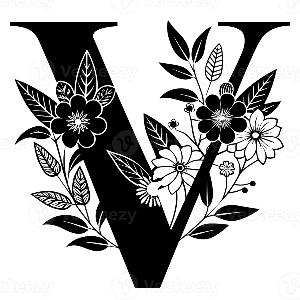 black graphic letter v decorated with flowers png