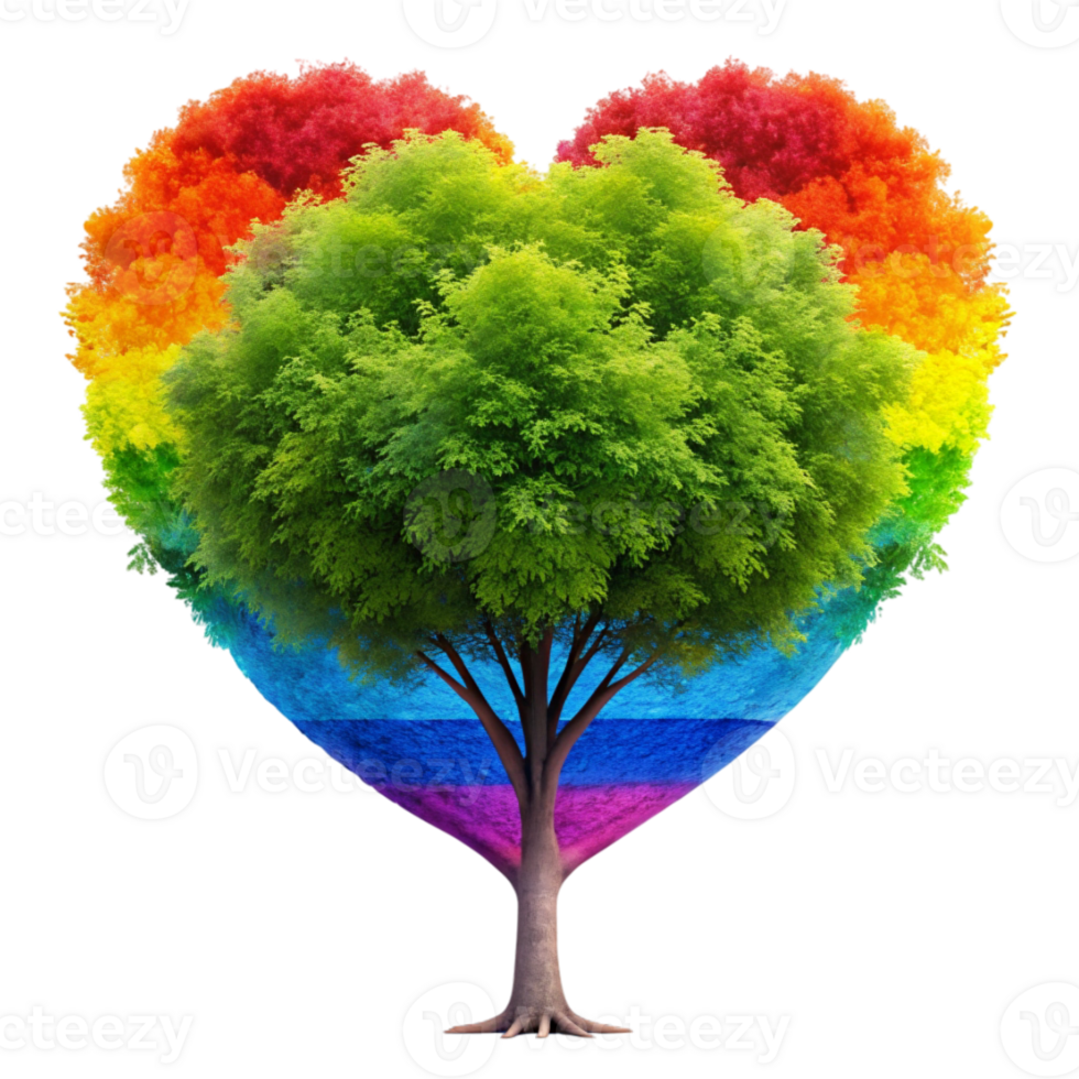 A rainbow tree with its foliage shaped like a heart displays a vibrant spectrum of colors png