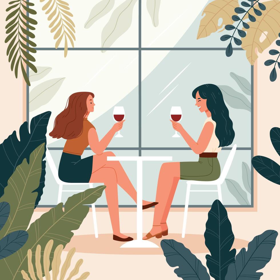Two cheerful girls holding glass of wine, toasting while having party, celebrating on the balcony. Young lesbian couple spending their day together. vector