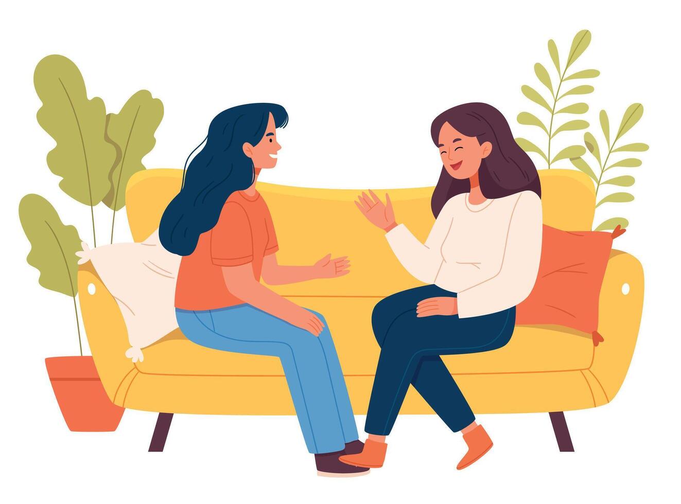 Cartoon illustration of Smiling woman friends. Happy female laughing and gossiping sit on comfortable couch. People spending time together having friendly conversation vector