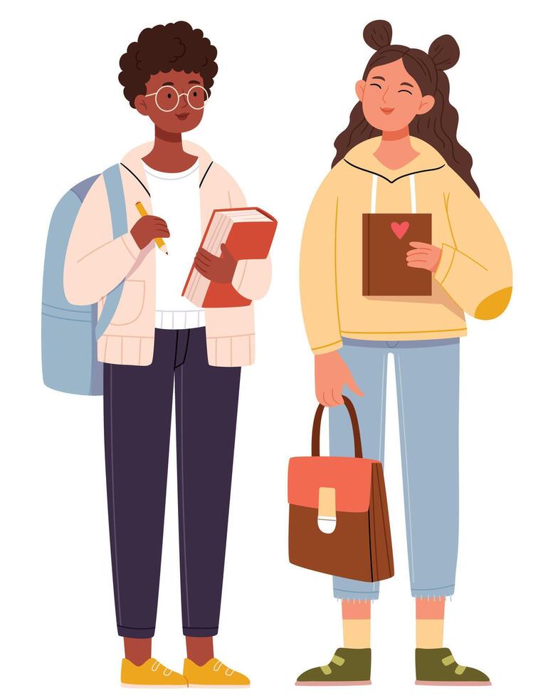 Group of two 2 characters, style young people friends together. University fellow, students, classmates, buddies. vector
