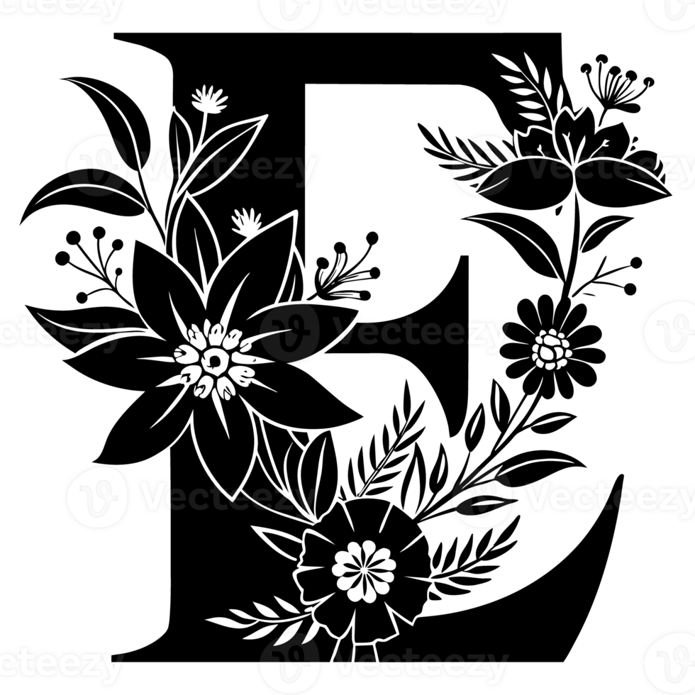 black graphic letter e decorated with flowers png