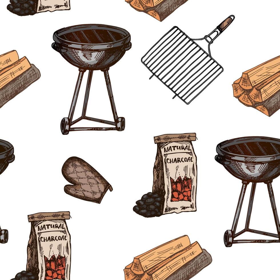 Hand-drawn seamless pattern of Barbecue grill, charcoal and firewood. Doodle vintage illustration. Decorations for the menu of cafes and labels. vector
