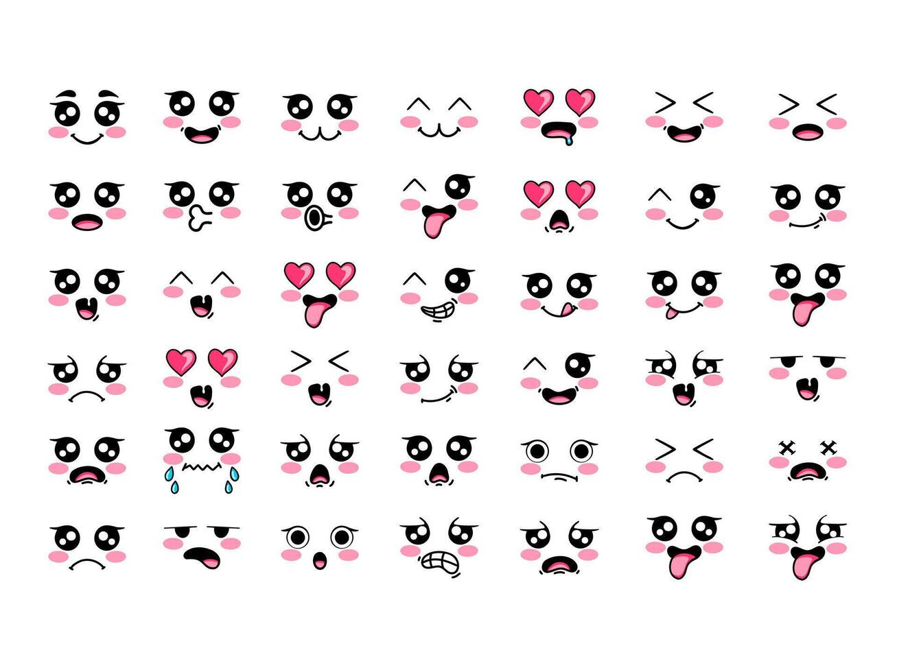 A diverse collection of cute cartoon facial expressions featuring various emotions, with blushing cheeks and expressive eyes. vector