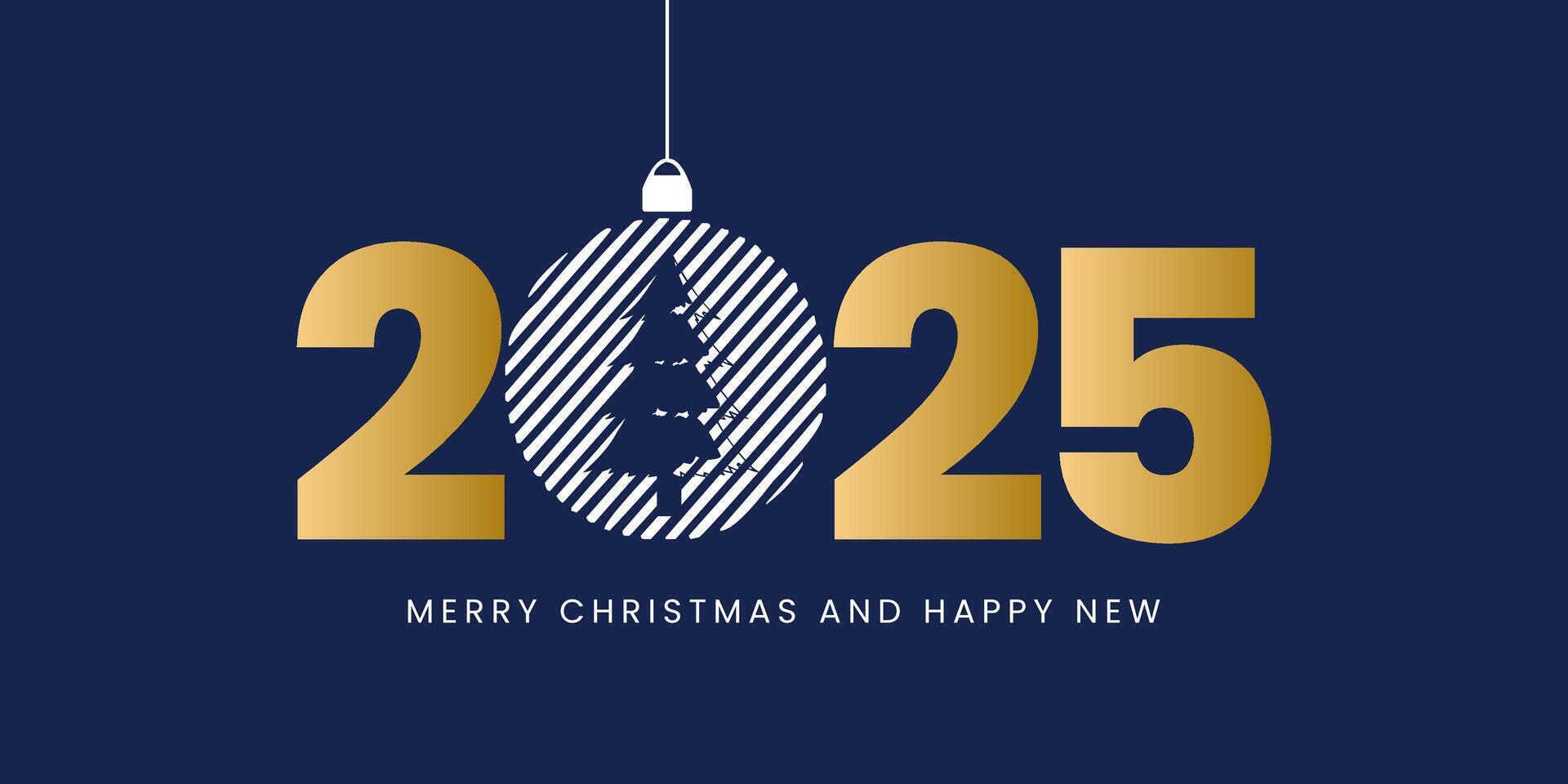 Merry Christmas and New Year 2025 banner. Design of christmas greeting card, poster, holiday cover, header. Modern in simple style with Christmas tree icon vector