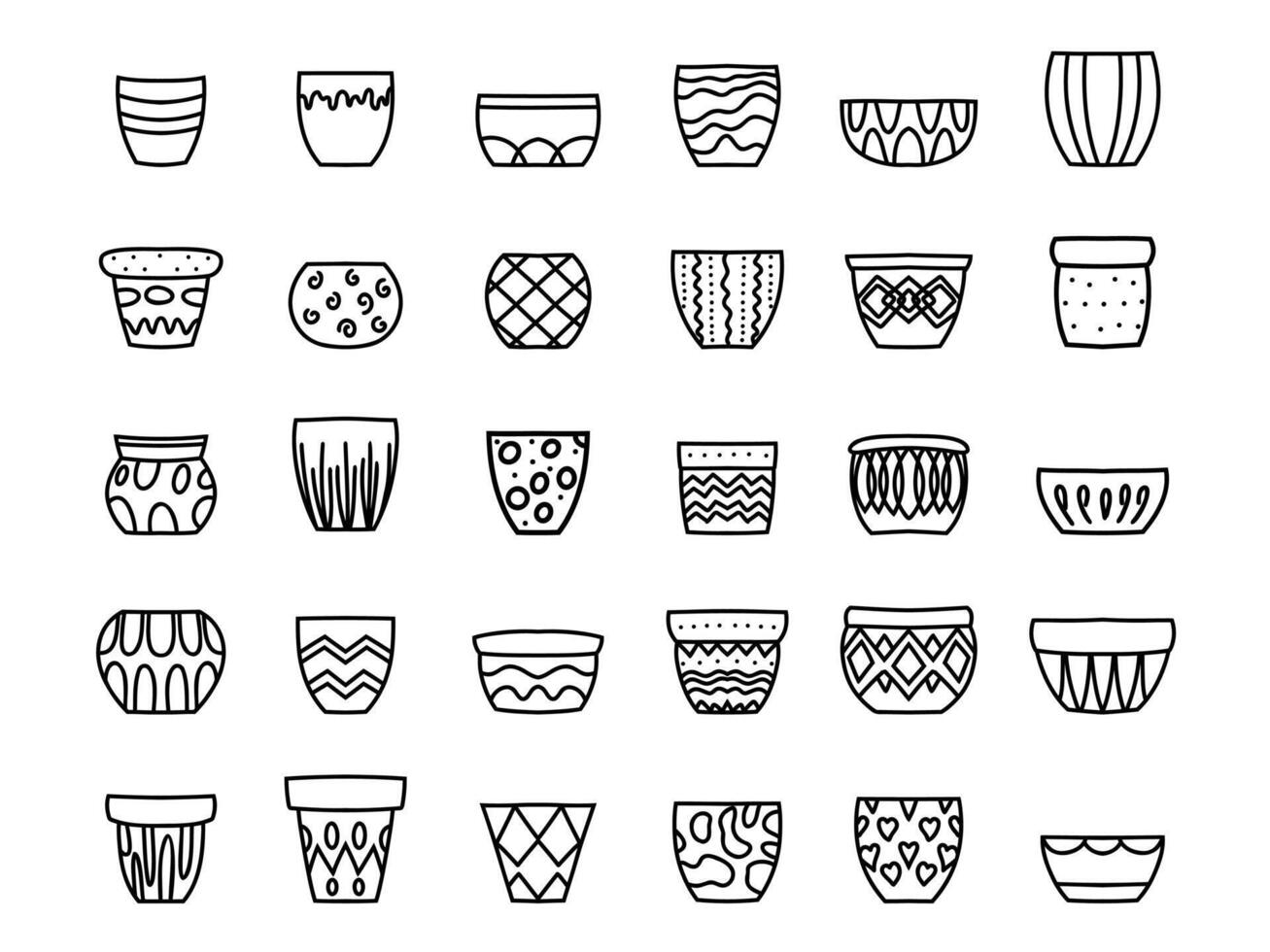 Set of various black and white hand-drawn plant pot designs. Simple doodle outline illustrations on a white background. vector