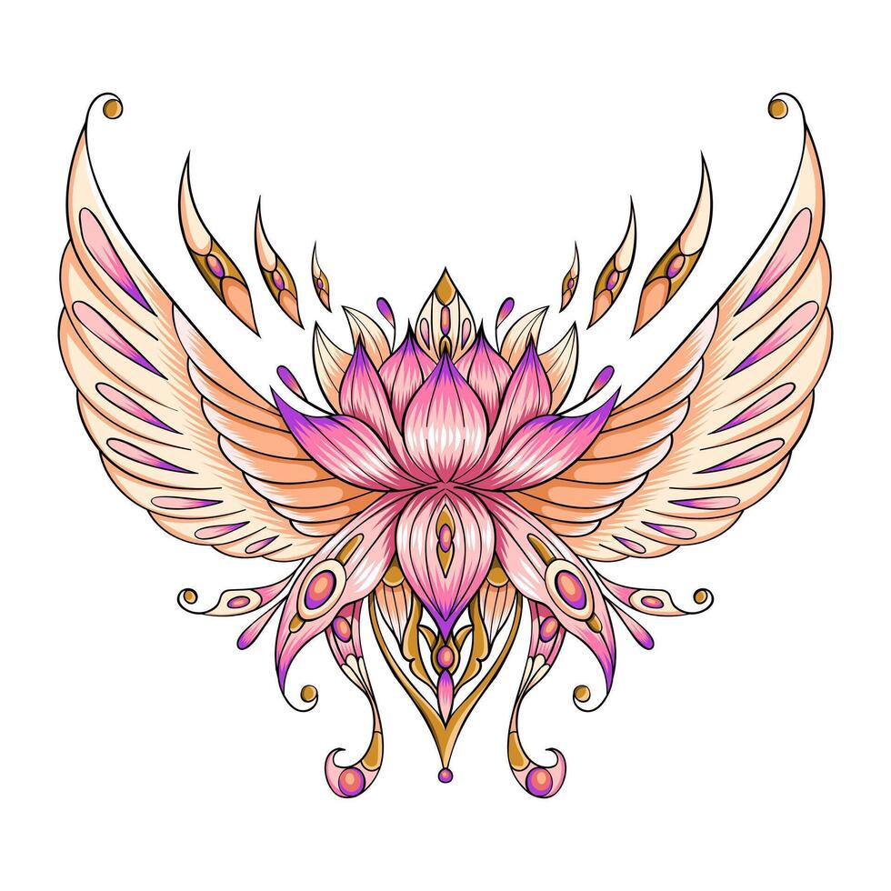 Intricate illustration of a lotus flower with stylized wings, blending elements of nature vector