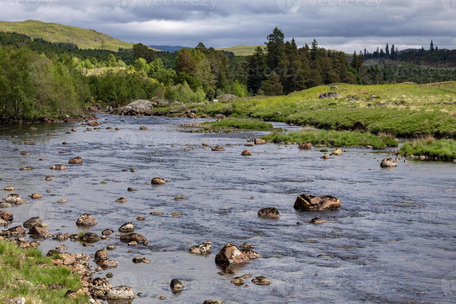 View of the River Gaur in Perthshire Scotland on a cloudy spring day photo