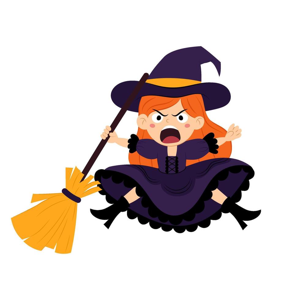 Funny witch character with a broom. Witch in flat style on a white background. Halloween. Cartoon kids Halloween character. vector