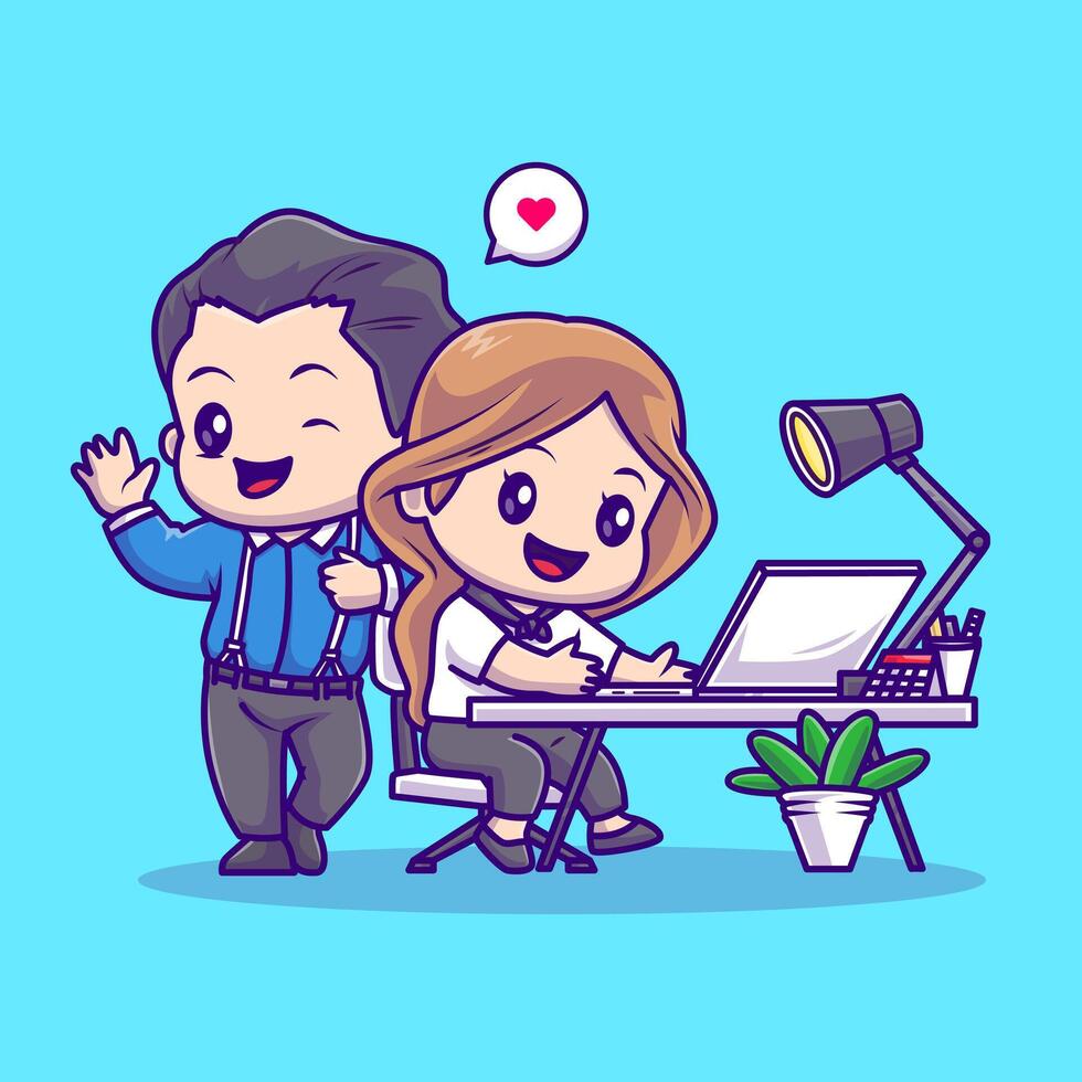 Cute Man and Woman Working On Laptop Together Cartoon vector
