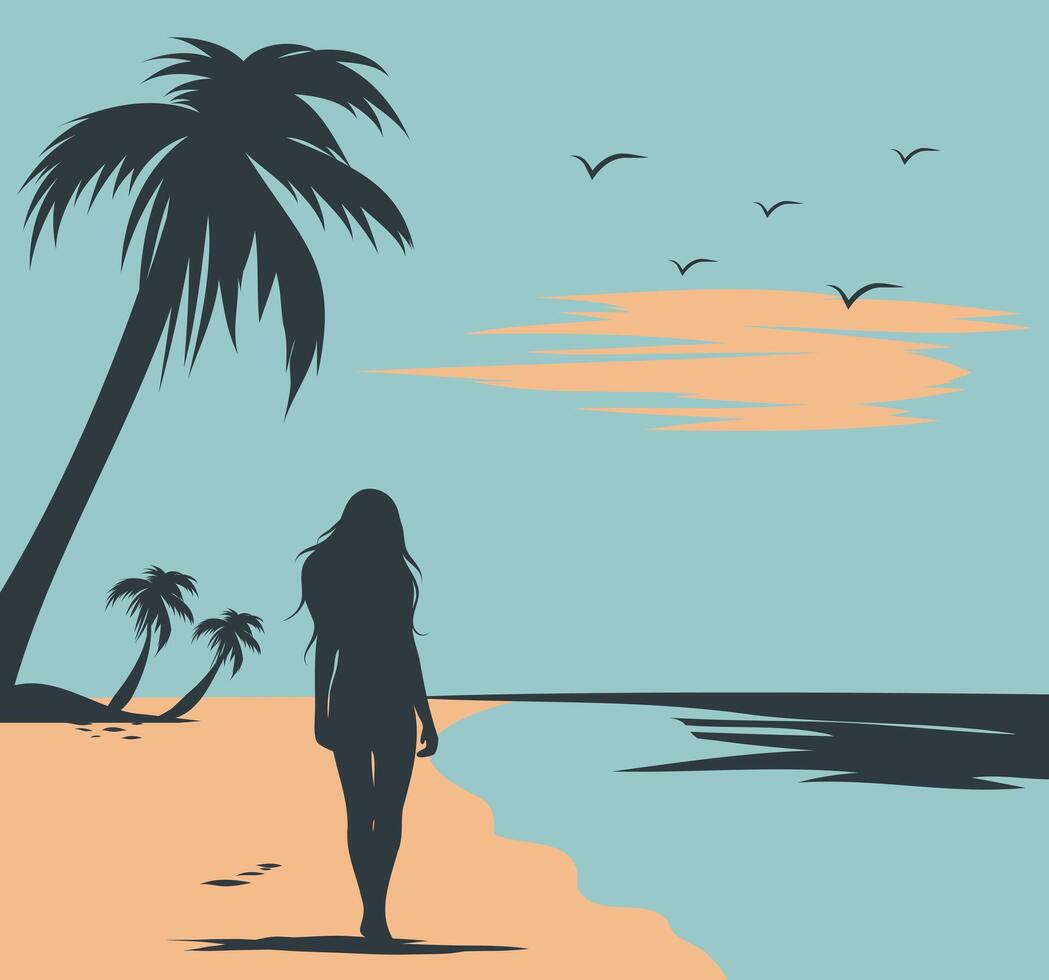 summer flat illustration, dark silhouette of a woman on vacation walking along the beach, tourism. Template, postcard, banner, for social media, website vector