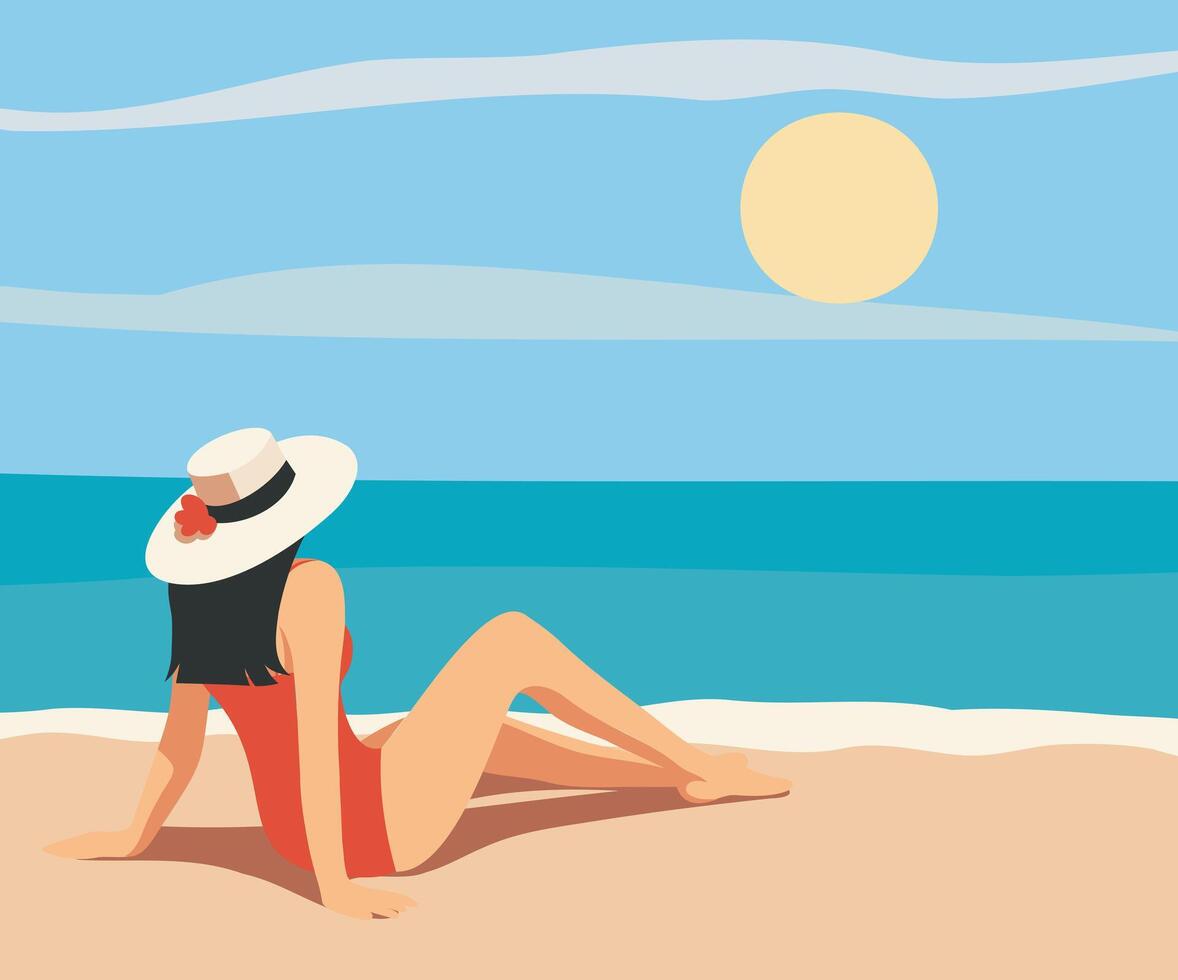 summer illustration, tourism, woman on vacation, girl sunbathing on the beach, swimming in the sea, ocean. Postcard, banner, template for social media, website vector