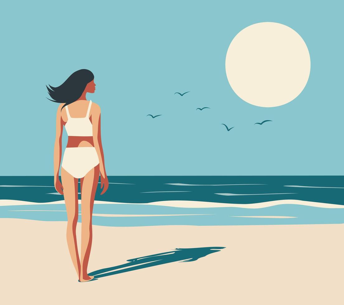 summer flat style illustration, tourism, woman on vacation, girl sunbathing on the beach, swimming in the sea, ocean. Postcard, banner, template for social media, website vector