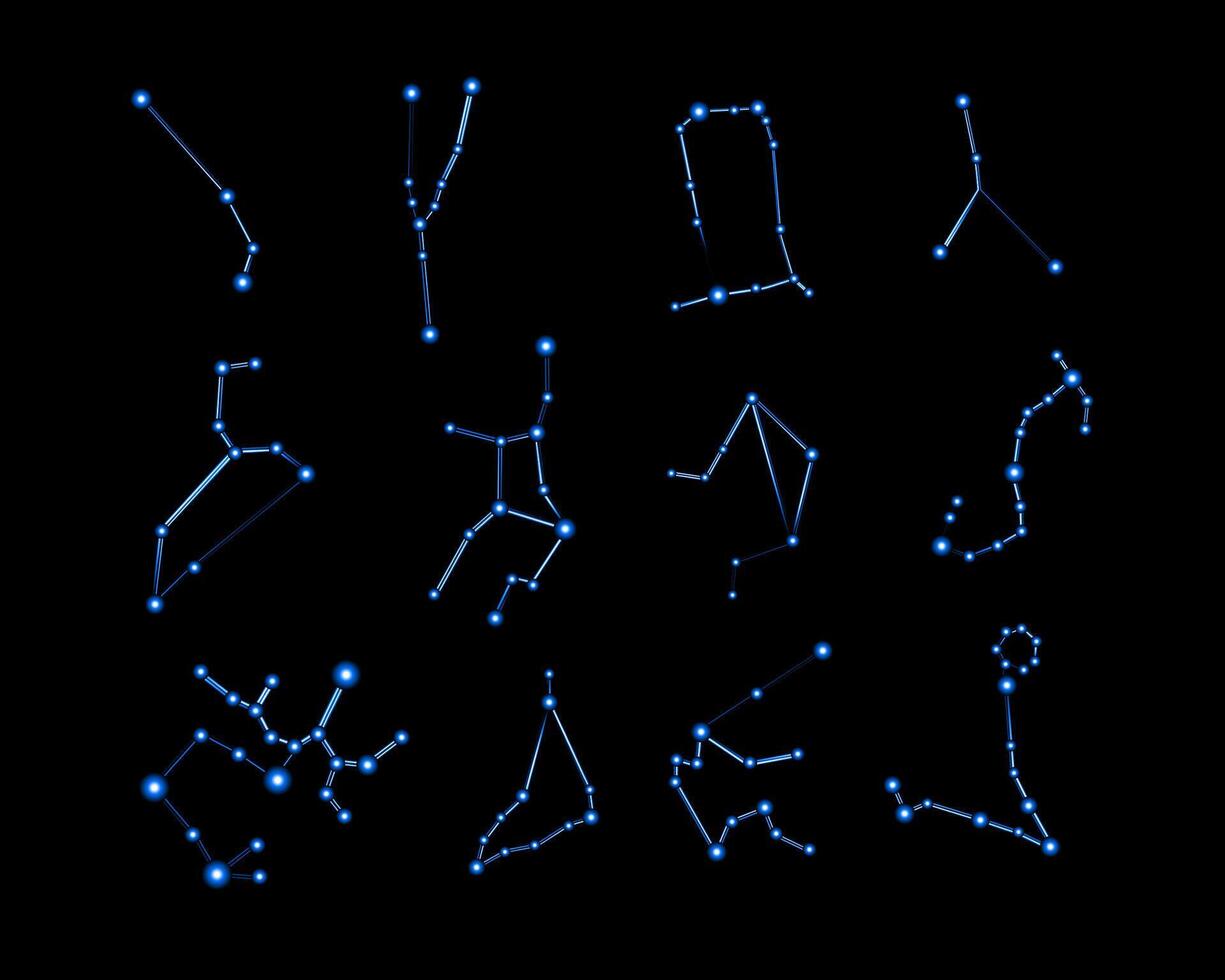 Illustration set of zodiac sign constellations with neon effect. vector