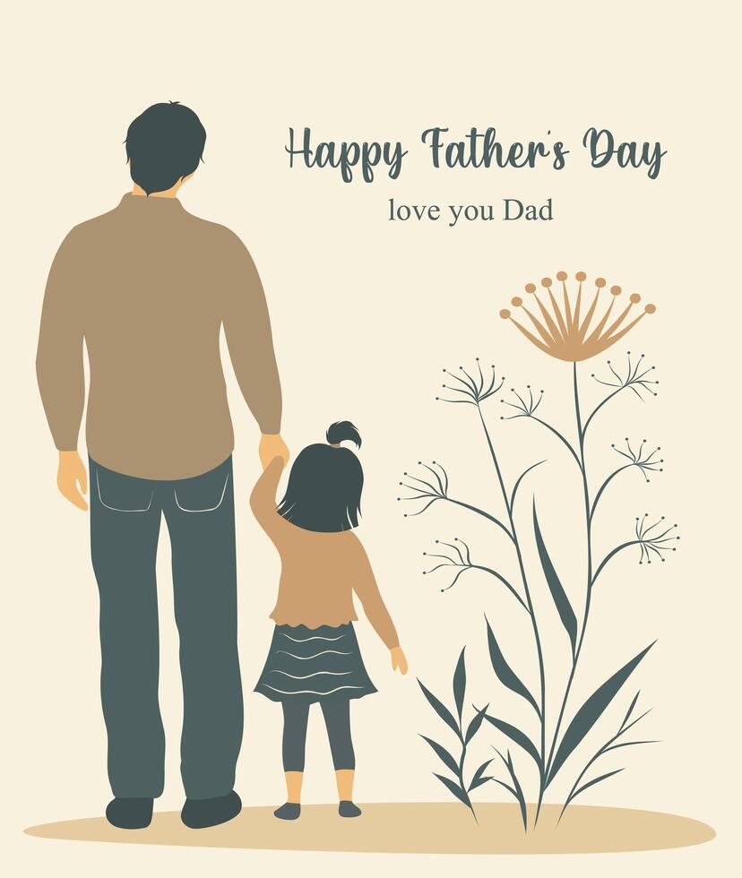flat illustration of Father's Day greeting card, father and daughter surrounded by plants and flowers. Father's Day templates Dad I love you for poster, cover, banner, social media vector